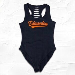 Black/Orange Womens handmade black Edmonton bodysuit, DIY Hockey outfits, Canada